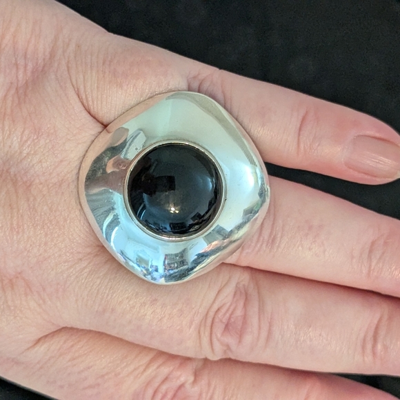 Large Statement Ring Onyx Sterling Unique Repurposed Upcycled Vintage Adjustable - Picture 9 of 10
